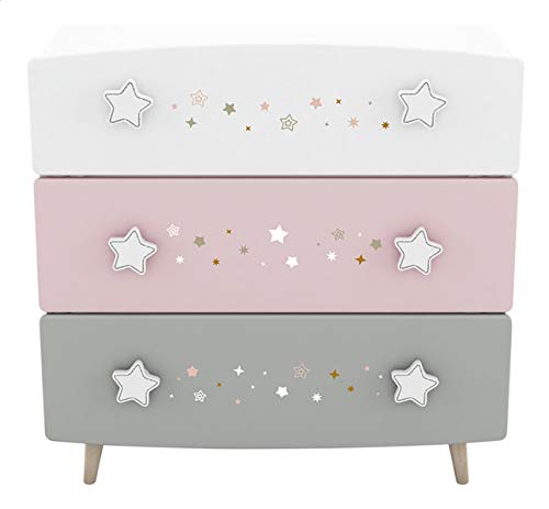 LASTMEUBLES Stella - Commode Enfant, 3 tiroirs de Rangement, décor Pastel et étoiles, 44x33.7x38.8cm