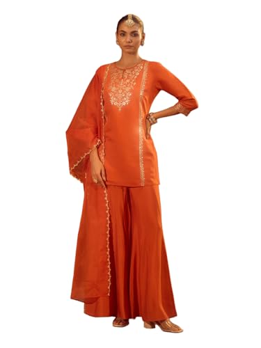 Image of FIORRA Women's Orange Viscose Chanderi Embroidered Ethnic Straight Kurta Set with Dupatta