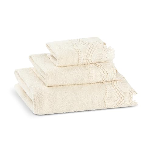 Zahari Home 3 Piece Laced Towel Set - Stylish Soft Plush Cotton Towels with Hand Towel & Washcloth - Highly Absorbent Towels for Bathroom, Gym, Hotel & Spa (Crochet Beige)