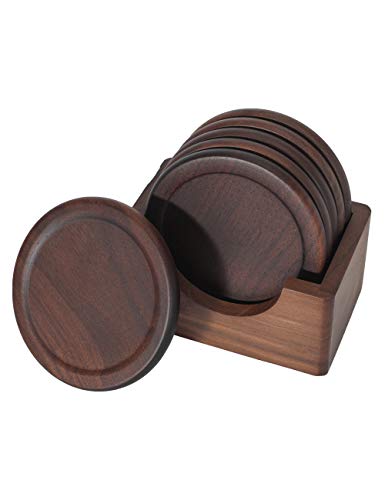 Walnut Dark Wood Coaster, 7-Piece Coaster Set, Holder Included, Wood Coasters,Coffee Coaster, Beer Coaster
