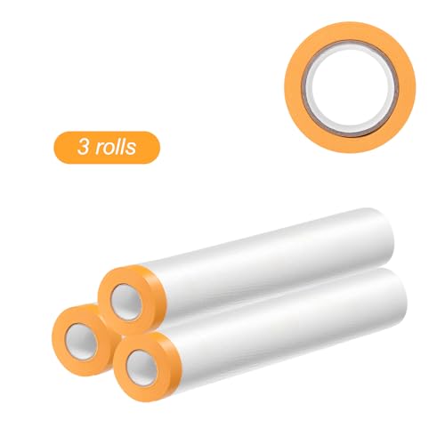Image of HARFINGTON 3 Rolls Pre-Taped Masking Film 94.5 inch x65.6ft Tape and Drape Painters Plastic Drop Cloth Film with Tape Plastic Sheeting for Automotive Painting Covering
