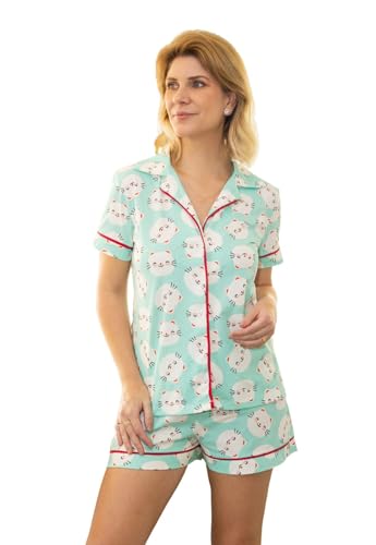 Pijama Algodão Feminino Curto Americano Manga Curta com Botões Verão Adulto indicado Gestante Amamentação e Pós cirúgico -Gatinhos Verde (BR, Alfa, 3G, Regular, Regular, Verde)