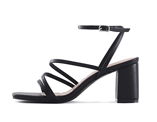 Image of LACUONE Strappy Heels for women Block Heels Square Toe Chunky Ankle Buckle Pump Heeled Sandals