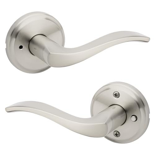 Kwikset Sedona Interior Privacy Door Handle with Lock, Door Lever for Bathroom and Bedroom, Satin Nickel Reversible Keyless Push Button Lock Door Lever, with Microban Protection by Kwikset - Used condition - US$14.23