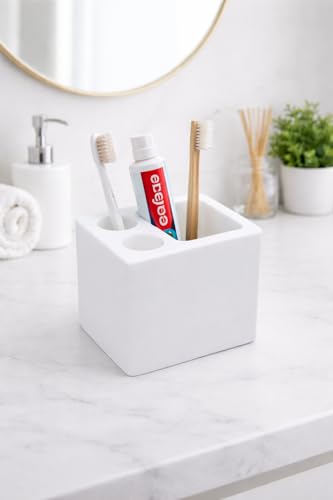 Bathroom Toothbrush Holder with Multi Compartments Minimalist Countertop Organizer for Toothbrush Toothpaste Razor & Accessories (White)
