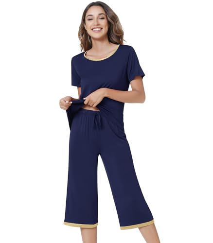 Image of NACHILA Pajamas for Women-Viscose Made from Bamboo,Satin Crew Neck Pajama Sets Short Sleeve Pjs with Capri Pants