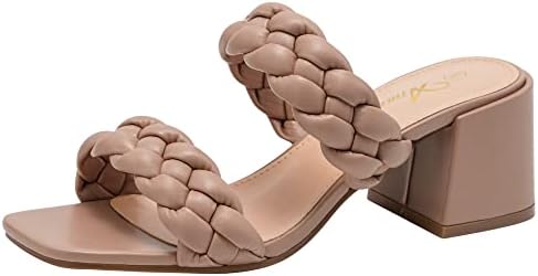 Athlefit Women's Braided Heeled Sandals Strappy Square Open Toe Heels Backless Mules Slip On Block Heels Nude Size 8.5