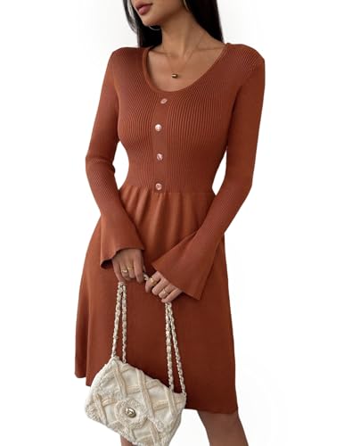 Zeagoo Herbstkleid Damen Langarm Strickkleid V-Ausschnitt Pulloverkleid A Linien Midikleid mit Trompetenärmel Karamell M