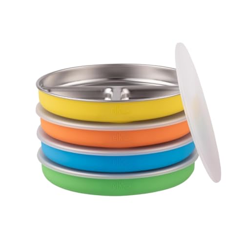 Image of Elk and Friends Stainless Steel Divided Plates with Normal Sleeve for Babies & Toddlers | Lids Included Dinner & Snack Plates | 4 Pack