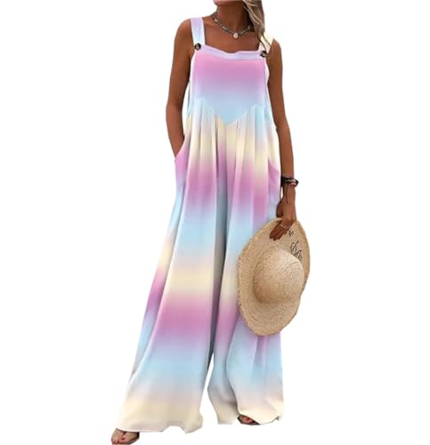 QUNERY Salopette Femme Combinaison Boheme Motif à Fleurs Fluide Salopette ete Sans Manches Ample Jumpsuit avec Poche Couleur M