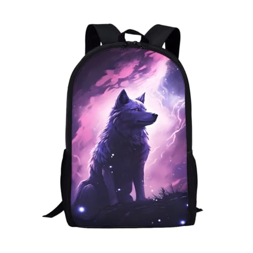 THKVSV Mochila clásica básica de viaje para niños y niñas, mochila escolar ligera con estampado de lobo, color rosa galaxia zorro, Purple Lighting Wolf, Talla única, Mochilas daypack