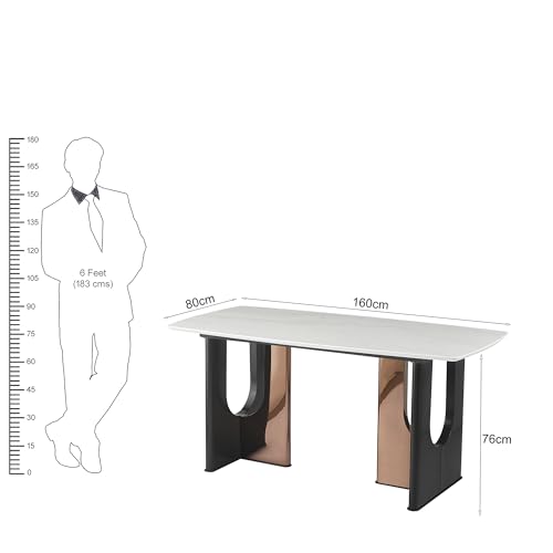 Image of The Attic Contemporary Pedestal Dining Table | White Faux Marble Top & Dual-Tone Black /Rose Gold Base | Rectangular 6 Seater Dining Table for Modern Homes