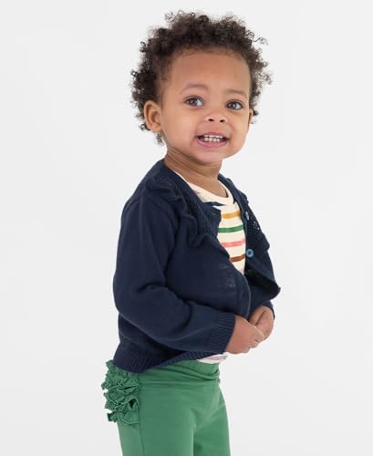 RuffleButts Dark Navy Sweater Knit Ruffle Trim Cardigan - 3T3