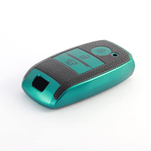 Image of JVCV Premium Soft TPU Leather Pattern Key Cover Compatible with Kia Seltos Sonet 3 Button Push Start Car Key (Green Black)