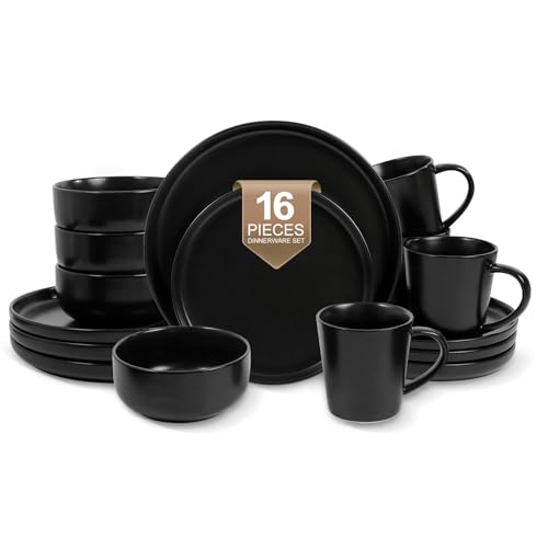 EWFEN 16-Piece Ceramic Dinnerware Sets with Mugs for 4 Black Plates and Bowls Set with Classic Design Scratch Resistant Dishes Set Dishwasher & Microwave Safe