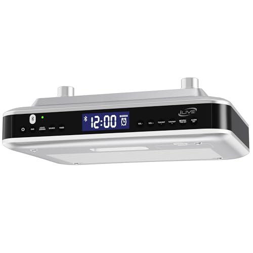 iLive Under Cabinet Bluetooth FM Radio for Kitchen, Wireless Stereo with Built-in Clock & Timer, 20 FM Presets, Negative LCD, 60-Ft Range, Under-Cabinet Mounting Hardware, AC Powered + Battery Backup