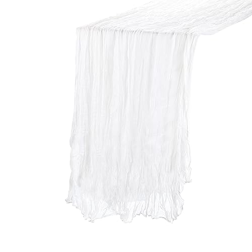QUARKZMAN 10Ft Tovaglia Tavola Stamigna, 35 x 118 Pollici Rustico Garza Tovaglia Puro Runner per Matrimonio Festa Matrimonio Decorazioni Tavolo, Bianco