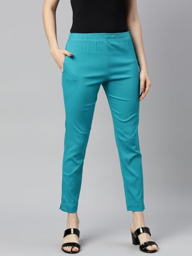 Image of MINELLI Women Solid Cigar Pants, Cotton Lycra Slub Fabric, Elasticated Waistband, Pull On Style, Regular Fit Bottom Wear for Western and Ethnic Wear