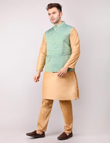 Image of Men's Cotton Silk Blend Regular Kurta Pyjama, Embroidered Nehru Jacket /Waistcoat Set