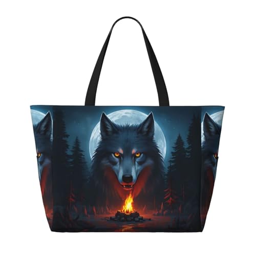 Beach Bag for Women, Waterproof Sandproof Beach Pool Travel Duffel Bags with 7 Pockets, Large Capacity Shoulder Tote Bag for Gym Travel Vacation Essential, Animal Wolf Fire Moon2