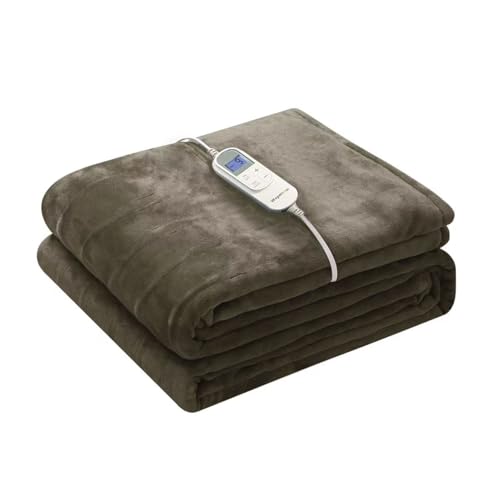 Wapaneus Foot Pocket Heated Blanket Electric Throw with 10 Heating Levels and Auto Shut Off,Flannel Fast-Heating Heated Throw 50" x 60",ETL Listed Machine Washable,Dark Brown