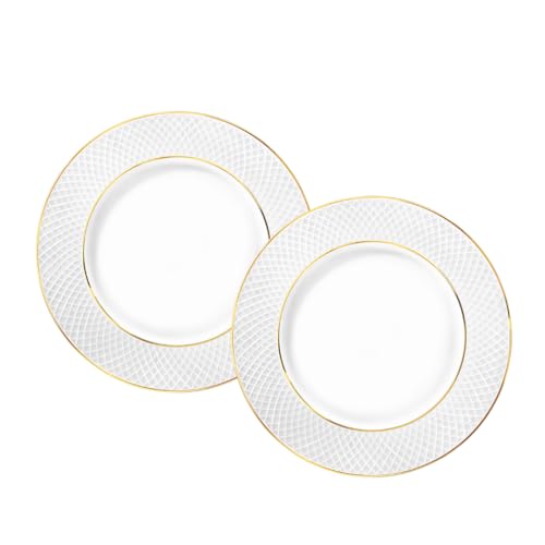 Wilmax - Assiettes avec motif doré - 2 pièces - Ø 20 cm - Assiettes à dessert en porcelaine blanche - Assiettes plates - Lavables au lave-vaisselle -...