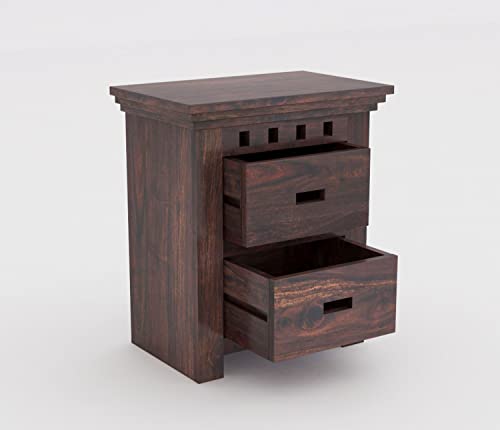 Image of WOODLAB Solid Sheesham Wood Bedside End Table with 2 Drawer Storage for Bedroom Wooden Nightstand Table Home Office (Kuber Walnut Finish)