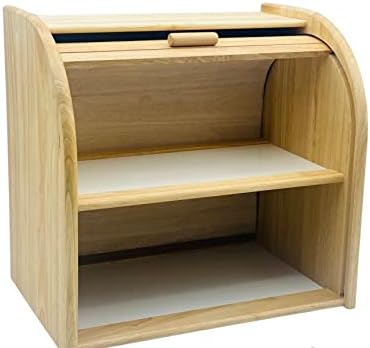 EZ Pack Retro NATURAL HEVEA WOOD Countertop Roll Top Lid Wooden Spacious Bread Bin with 2 Tier Storage Shelves, Double Decker and Extra Top Shelf, Beige