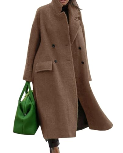 CHARTOU Übergroßer langer Wintermantel für Damen, warme Wollmischung, Erbsenmantel, CAMEL, Small
