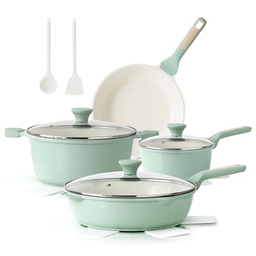 Image of SENSARTE Nonstick Ceramic Cookware Set Large 13-Piece, Healthy Pots and Pans Set Dishwasher Safe, Non-toxic Kitchen Cooking Set with Stay-Cool Handles, Induction Compatible, PFAS Free, Green