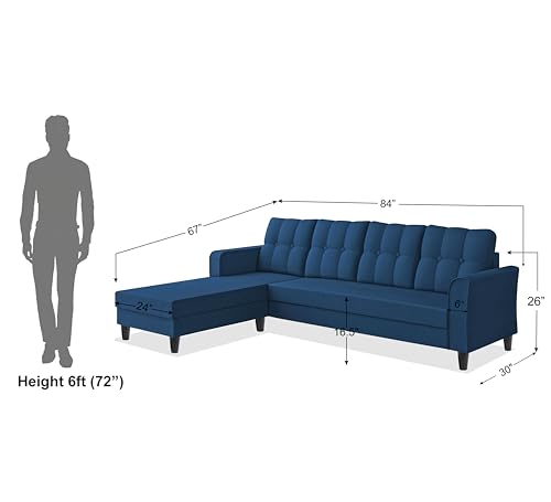 Image of Adorn India Maddox Tufted L Shape 5 Seater Chenille Sofa Sofa Set LHS (Blue) (3 Year Warranty)
