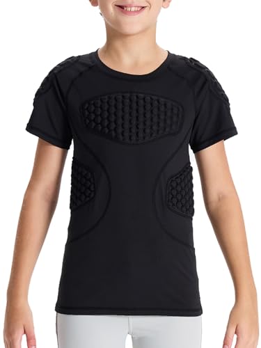 DEVOROPA Youth Boys Padded Compression Shirts Short Sleeve Football Baseball Undershirt Chest Rib Heart Sternum Protector Black L