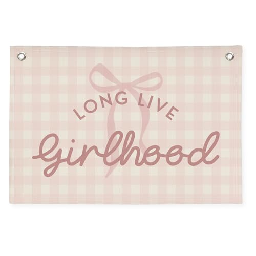 Image of Pink Cute Room Decor Long Live Girlhood Banner, Coquette Bow Girls Room Decor for Nursery Playroom Wall Hanging Linen Flag,Baby Girls Bedroom Decorations,Baby Showers Newborn Gift 30x20 girlroom