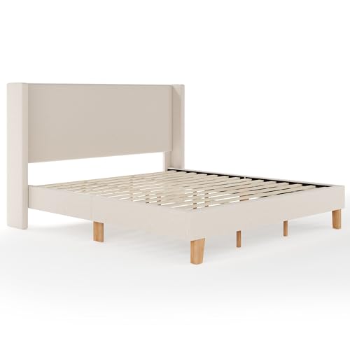 Image of Martha Stewart Maisie King Wingback Upholstered Platform Bed, Beige | Cushioned Siderails, Wood Slat Foundation, No Box Spring Needed