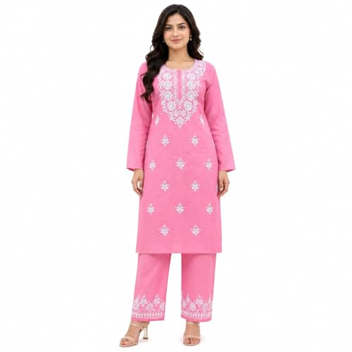 Image of Women's Chikankari Embroidered Straight Kurta with Palazzo Set, Traditional Kurti Bottom Set |Round Neck Full Sleeve Outfit for Daily,Office, Festive & Casual