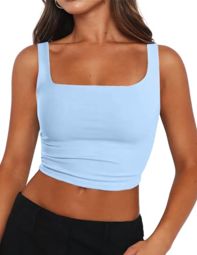Zeagoo Women Square Neck Tank Tops Slim Fitted Cropped Top Basic Double Layering Sleeveless Shirts Light Blue - image 1