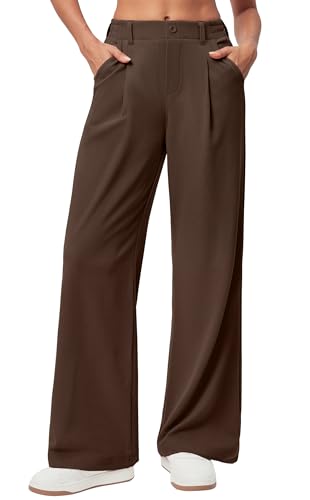 Ewedoos Wide Leg Pants Woman Stretchy Work Dress Pants Women Pull on Business Casual Slacks Trousers Fall Outfits 26'/28' Coffee
