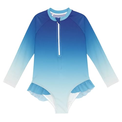 ALAZA Swimsuit for Girls Long Sleeve Rashguard Bathing Suit White Blue Gradient Quick Dry 4T