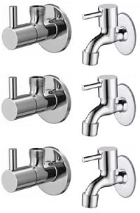 Spazio Stainless Steel Turbo Angle Valve With Bib Cock Combo Pack Foam Flow Water Taps With Wall Flange (Pack of 3) (Chrome Plated, Brass Disc)