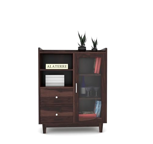 Image of Wood Kitchen Crockery Cabinet with Glass Door | Book Shelf for Home Library, Sideboard Cabinets Living Room, Home Kitchen Furniture, Storage Cabinet, Walnut Finish