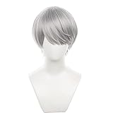 XiongXiongLe Halloween Short White Silver Gray Men's Cosplay Hair Wigs for Adult Men Cos Anime Game Party Halloween Christmas Comic