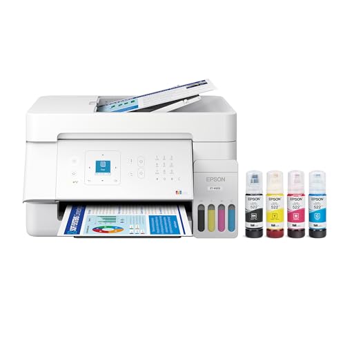 Image of Epson EcoTank ET-4903 Wireless All-in-One Color Supertank Printer with up to 3 Years of Ink, Refillable Tanks, Perfect for Home Office, 11 PPM, 1.44 inch Color Screen, Built-in Scanner, Fax, ADF - White