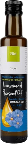 Elixi Aceite de linaza orgánico prensado en frío, con ácidos grasos omega-3 y omega-6, botella de cristal de 250 ml