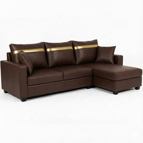 Image of FURNY Arossa 4 Seater Leatherette RHS L Shape Sofa Set (Brown) Premium Velvet Finish| Durable Comfort Ideal for Living Room