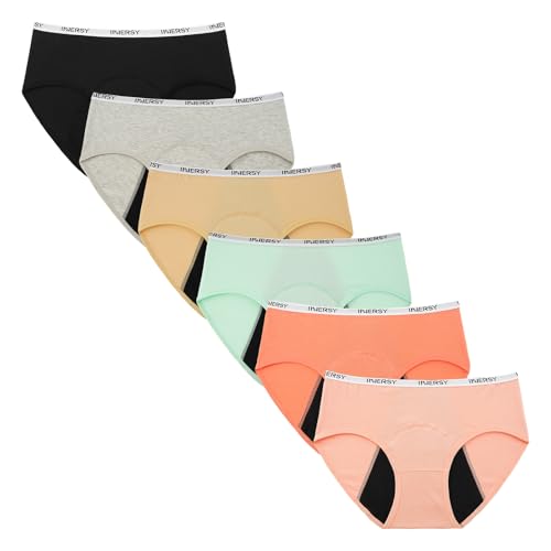 INNERSY Girls Period Underwear Hipster Cotton Menstrual Panties for Teens 6 Pack