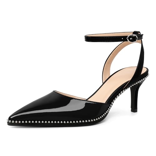 Image of SAMMITOP Kitten Heels for Women Low Heel Closed Toe Ankle Strap Pumps Wedding Party Beaded Dress Shoes 2.4 Inch