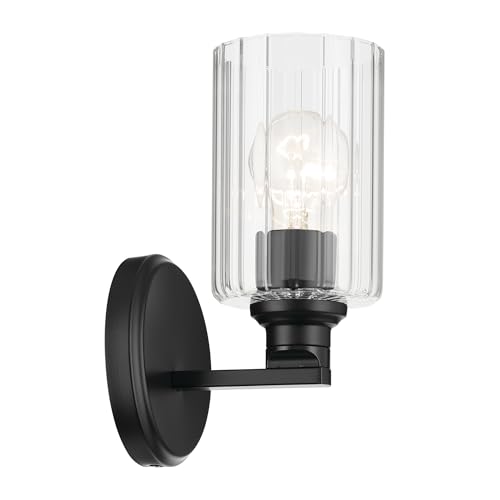 Image of Kichler Gioe 5 inch 1-Light Wall Sconce Bathroom Light Fixture with Clear Fluted Glass in Black, Damp Rated for Powder Room, Kitchen, Hallway, Bedroom (5 inch W x 9.5 inch H), 55224BKFLU