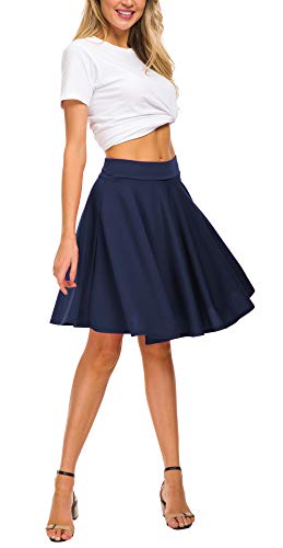 Exchic Women's Casual Stretchy Flared Mini Skater Skirt Basic A-Line Pleated Midi Skirt (S, Navy) #TOP2