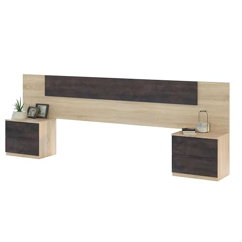 Miroytengo Cabecero de Cama con Mesitas de Noche Andy Estilo Industrial Color Roble Canadian y Marrón 247 cm