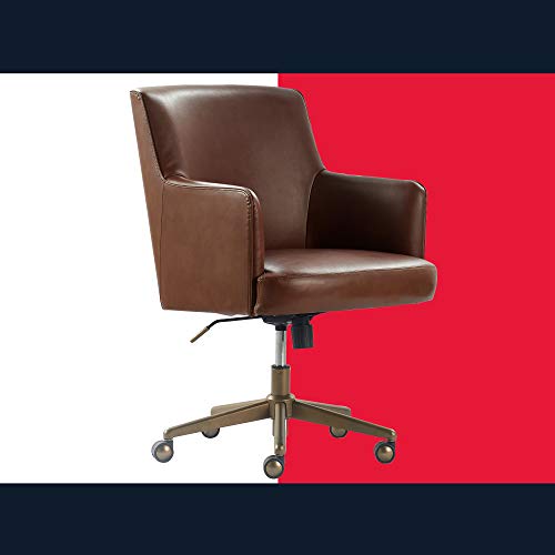Tommy Hilfiger CHR10061D Belmont Upholstered Home Office Chair, Modern Round Silver or Bronze Architectural Base, 360-Degree Mobility, Faux Leather, Cognac Brown